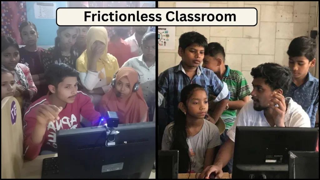 Two classrooms are shown, with teachers explaining concepts to students in a frictionless learning environment.