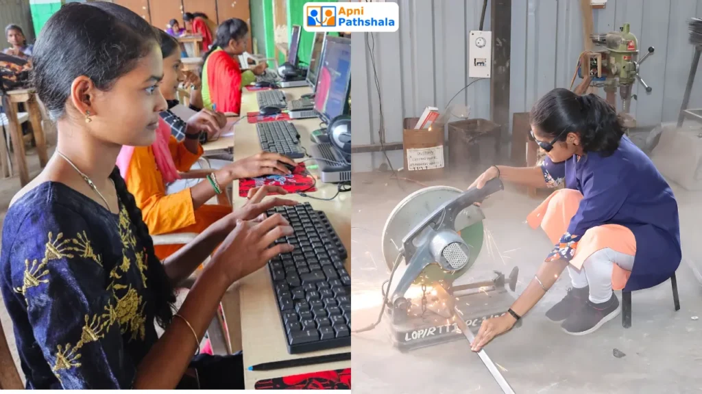 Two girls learning in their own ways at an Apni Pathshala Pod—one practising computer skills while the other uses a cutting tool—showcasing diverse, self-directed learning experiences.