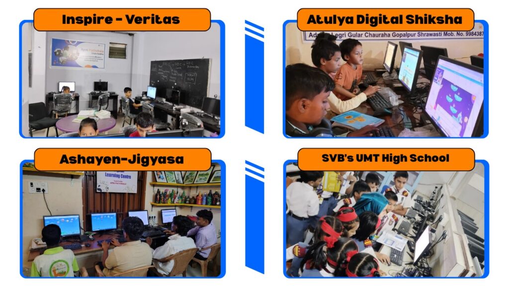 Collage of four Apni Pathshala Learning PODs—Inspire-Veritas, Atulya Digital Shiksha, Ashayen–Jigyasa, and SVB’s UMT High School—showing students learning computer skills in community-based digital classrooms.