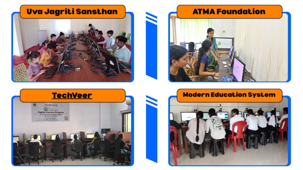 Collage featuring Uva Jagriti Sansthan POD, ATMA Foundation POD, TechVeer POD, and Modern Education System POD, highlighting digital learning sessions and Apna PC–powered classrooms.