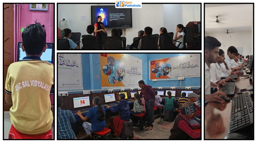 Multiple real-life classroom photos showing children and youth learning digital skills on Apni Pathshala computers inside various Learning PODs across India.