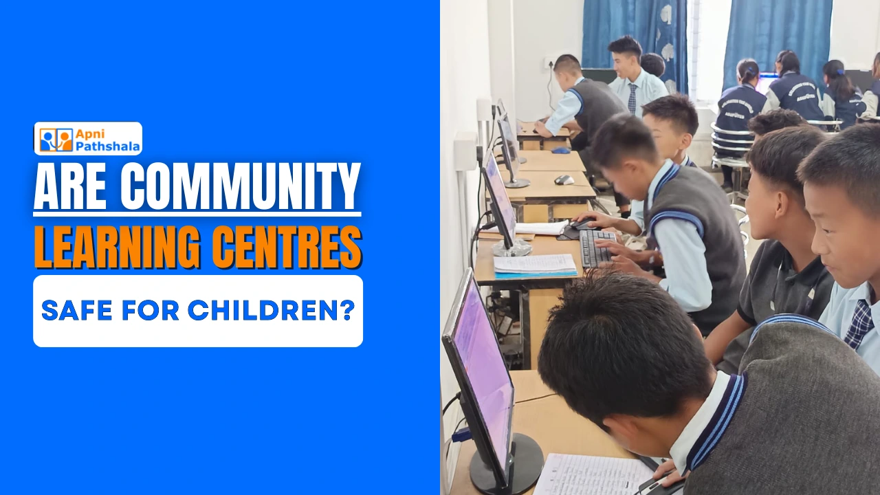 Safe and child-friendly community learning centre with children studying under mentor supervision