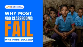 Children sitting in an under-resourced classroom in India, highlighting the failure of many NGO-led education initiatives.