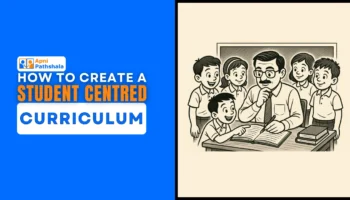 A comic-style illustration of a teacher and students collaboratively designing a student centred curriculum, highlighting interactive learning and child-led education.