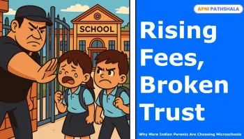 A cartoon illustration of a security guard stopping two children from entering a school gate one girl crying and her brother looking angry. The scene reflects real-life incidents like the Dwarka school controversy. The right side features bold text: "Rising Fees, Broken Trust.