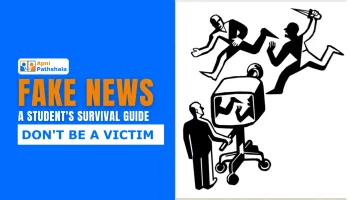 Visual representation of how fake news spreads, showing social media, WhatsApp forwards, and how misinformation influences students.