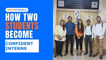 How two Students become confident intern, Real image of Shahid Khan and Meraj Khan with BeyondChats founders Simran Jain and Pankaj Banrwal at JJ Hospital, celebrating their internship success.