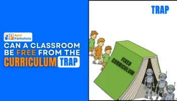 A creative illustration showing children turning into robots under a fixed curriculum, highlighting the idea of freeing classrooms from rigid learning systems.