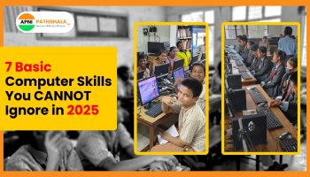 School kids learning basic computer skills that are important in 2025.