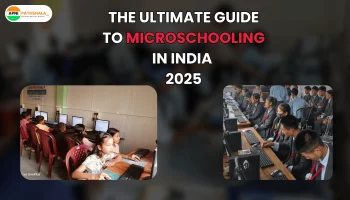 Illustration of children studying in microschools in India in 2025.