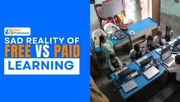 Blog cover ‘Sad Reality of Free vs Paid Learning’ with Apni Pathshala branding and classroom scene of students using laptops in a POD.