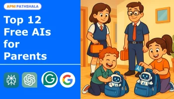 Children packing school bags for their parents while preparing them for AI-powered learning; text overlay includes the blog headline and logos of top AI tools like ChatGPT, MagicSchool, and Perplexity AI.