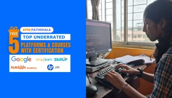 Apni Pathshala poster of Top 5 Free Certification Courses that turn students into professionals, featuring logos of Google, HubSpot, SkillUp, HP Life, and Typing.com, with students learning computers.